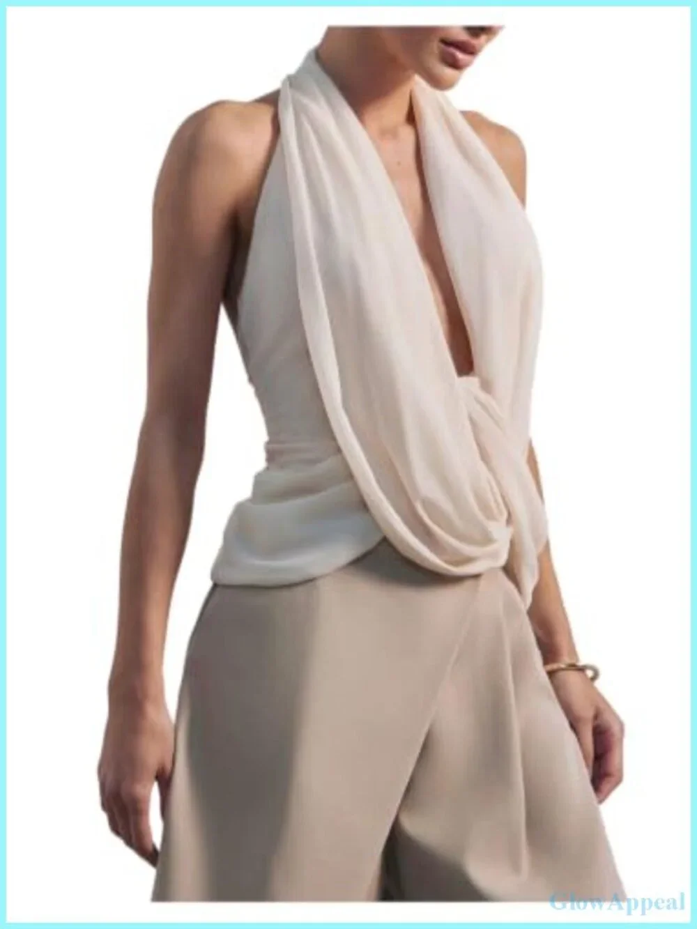 Deep V Halter Backless Ruched Sleeveless Going Out Top